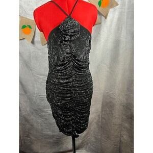 AFRM Mila Noir Black Sequined Rosette Halter Strappy Mini Dress Size Large